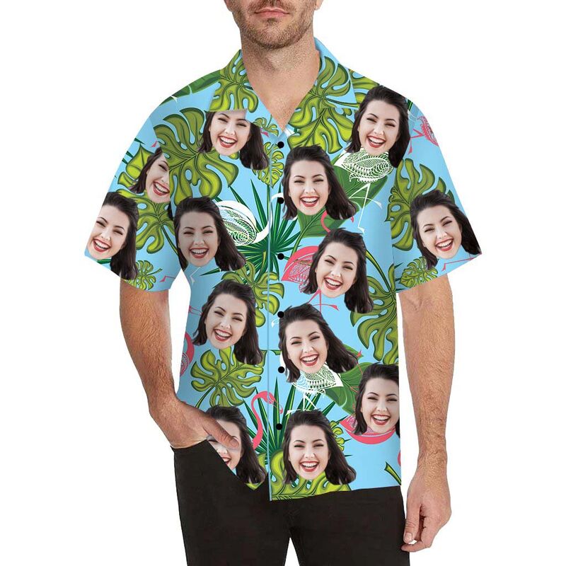 Custom Face Leaves and Pretty Flamingo Men's All Over Print Hawaiian Shirt