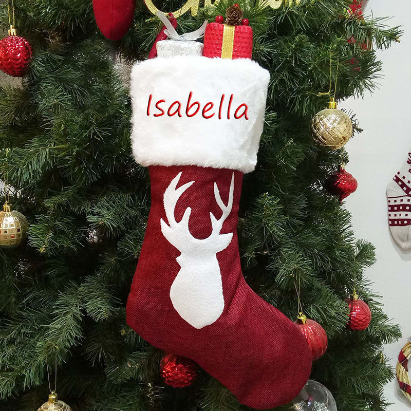 Calcetines navideños personalizado de cornamenta roja con nombre