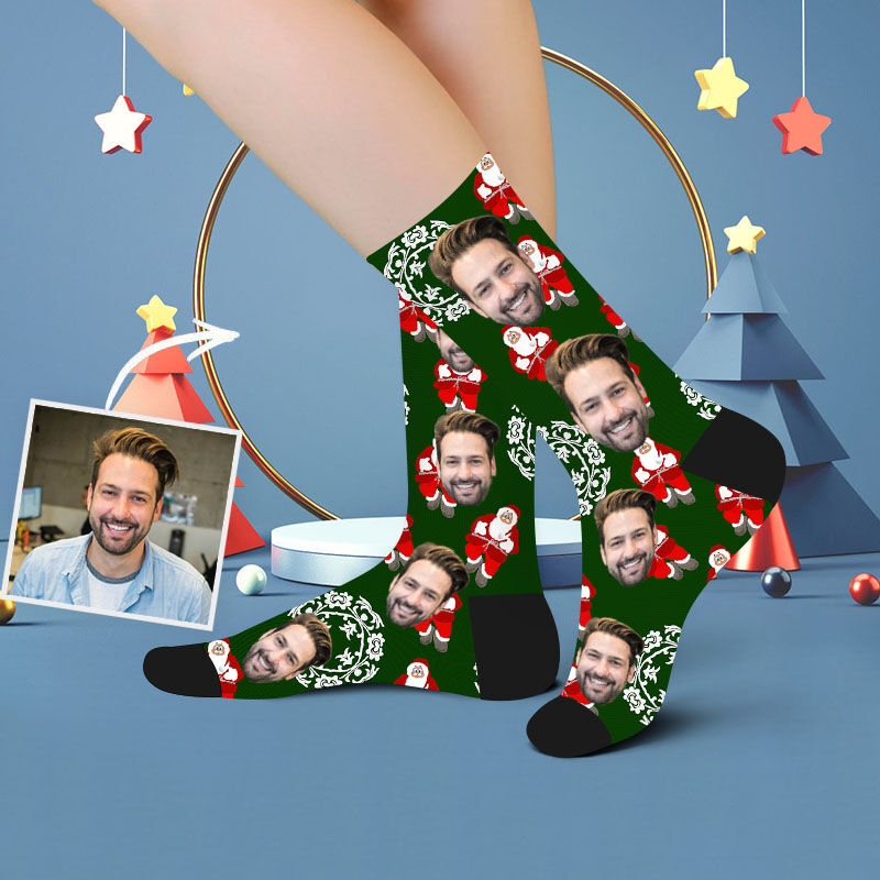 Custom Face Picture Socks Printed with Santa and Wreath Christmas Gift for Boyfriend