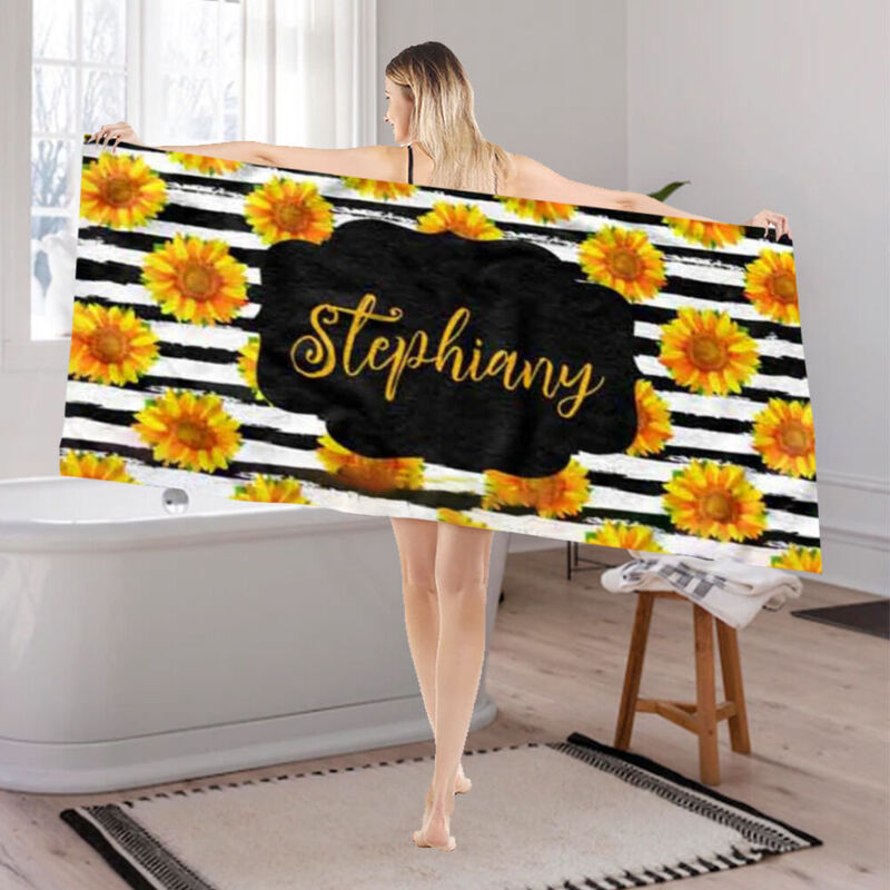 Personalized Name Bath Towel with Sunflower Pattern for Girlfriend