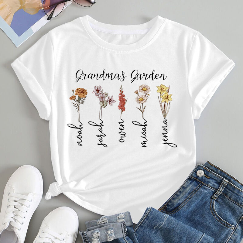 T-shirt personnalisé Nana's Garden Birth Flower avec noms personnalisés Cadeau parfait pour la fête des mères