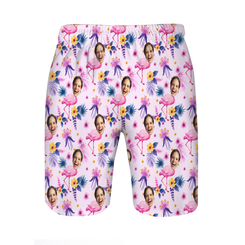 Personalized Picture Men's Beach Shorts with Pink Flamingo Pattern Lovely Gift for Family