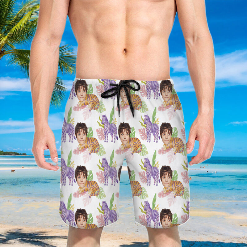 Personalized Picture Men's Beach Shorts with Zebra Pattern Unique Gift for Friend