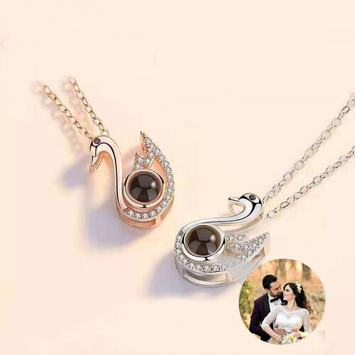 Personalized Swan Photo Projection Necklace with Diamonds for Couple
