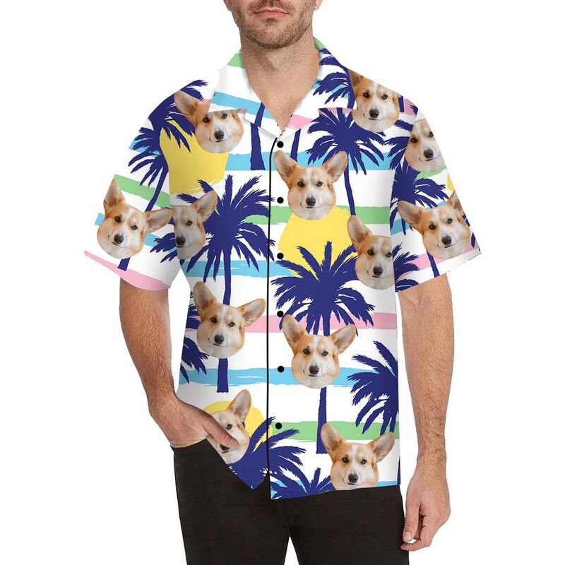 Chemise hawaïenne à impression intégrale pour hommes avec visage personnalisé et palmier bleu