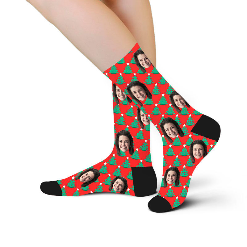Custom Face Picture Socks Printed with Christmas Tree for Girlfriend