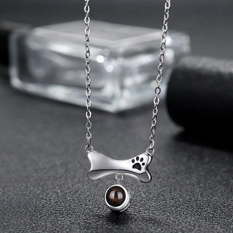 Personalized Bone Photo Projection Necklace With Puppy's Footprint for Pet Lover