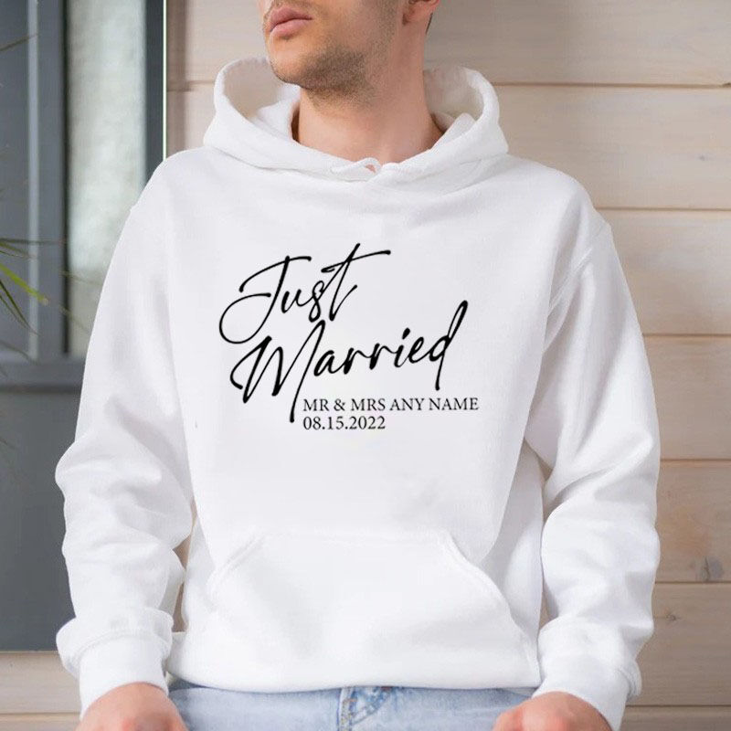 Personalized Hoodie Custom Name and Date Just Married Sign Creative Gift for Wedding Friends