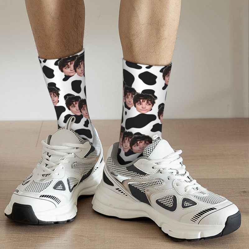 Calcetines personalizados estampado de patrón de vaca de fotos de tres caras