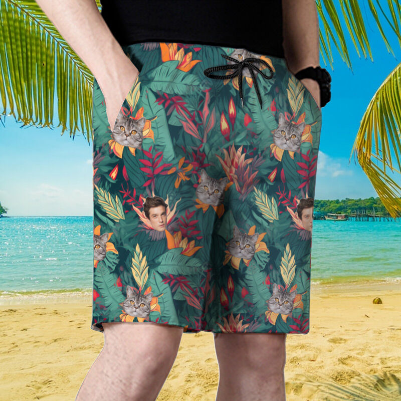 Personalized Picture Men's Beach Shorts with Plants Pattern Stylish Gift for Family