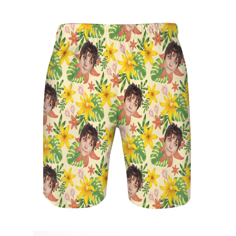 Personalized Picture Men's Beach Shorts Yellow Floral Pattern Creative Gift for Friend