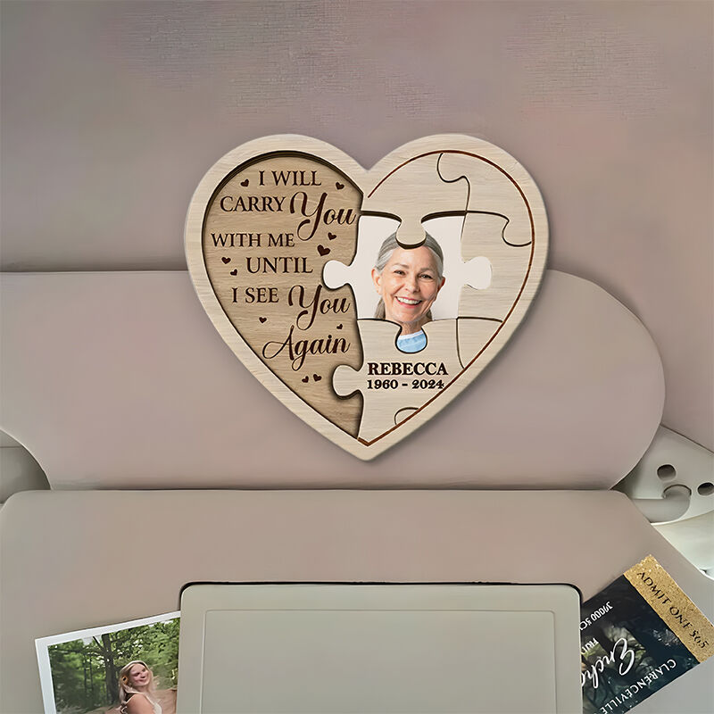 Custom Car Visor Clip Wooden Heart Shaped Jigsaw Photo Frame Memorial Gift for Loved Ones