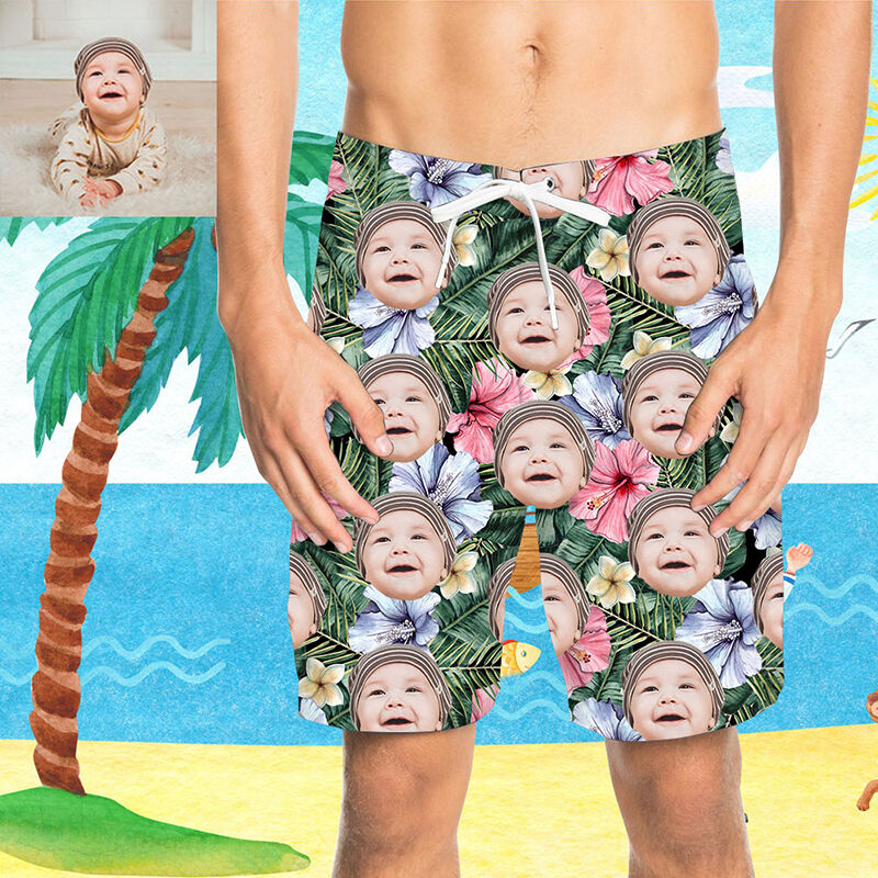 Custom Face Colorful Flower Men's Beach Shorts