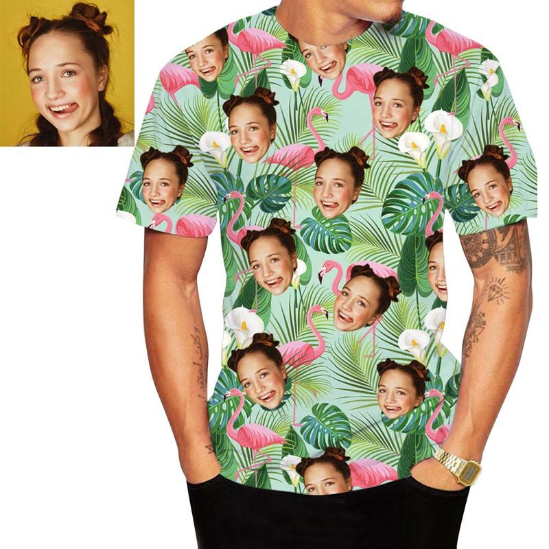 Custom Face Hawaiian T-Shirt With Flamingo & Leaves
