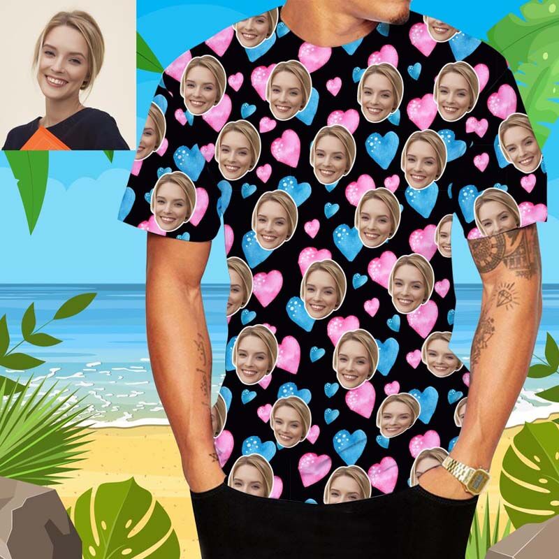 Custom Face Hawaiian T-Shirt With Colorful Heart