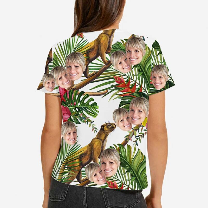 T-shirt " Léopard sur l'arbre " hawaïen pour femme avec visage personnalisé