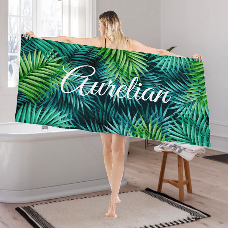 Personalized Name Bath Towel with Green Pattern Leave for Boyfriend