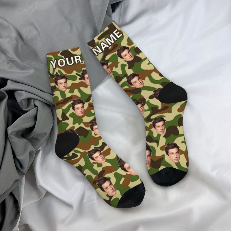 Personalized Camouflage Color Custom Face Socks as a Gift to Friend