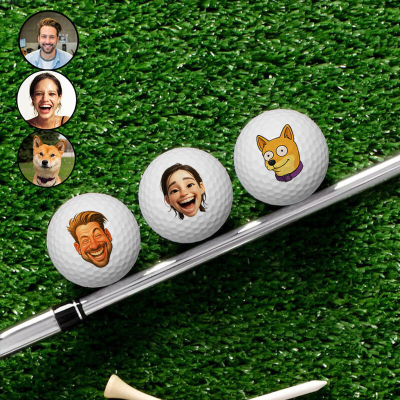 Personalized Golf Balls Set of 3 Cartoon Style Funny Face Desktop Decoration Balls for Dad