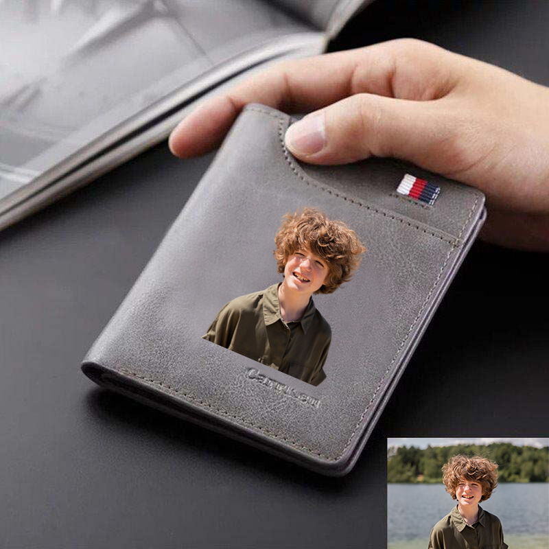 Men's Personalized Engraved Color Printing Photo Wallet Grey Leather