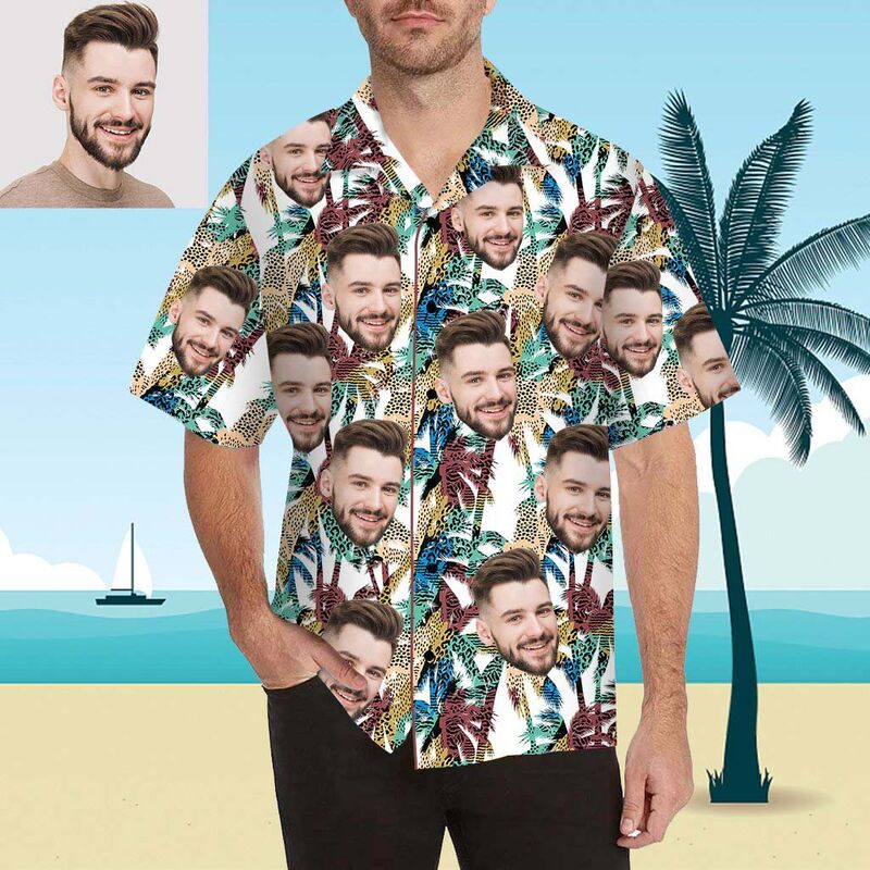 Custom Face Wave Point Palm Tree Men's All Over Print Hawaiian Shirt