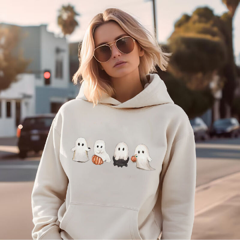 Ghosts Pattern Playing With Pumpkins Beautiful Hoodie Funny Present for Halloween