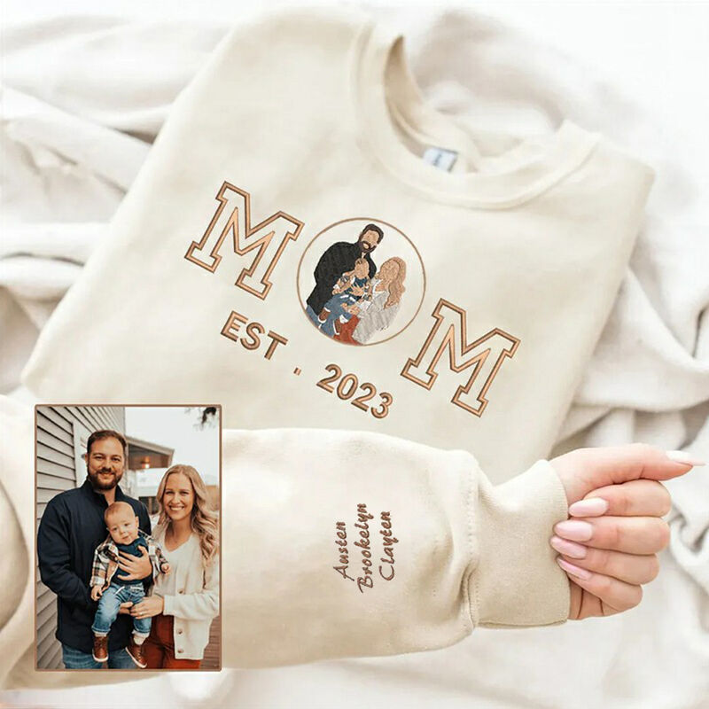 Personalized Sweatshirt Embroidered Custom Family Photo with Mom Design Great Mother's Day Gift