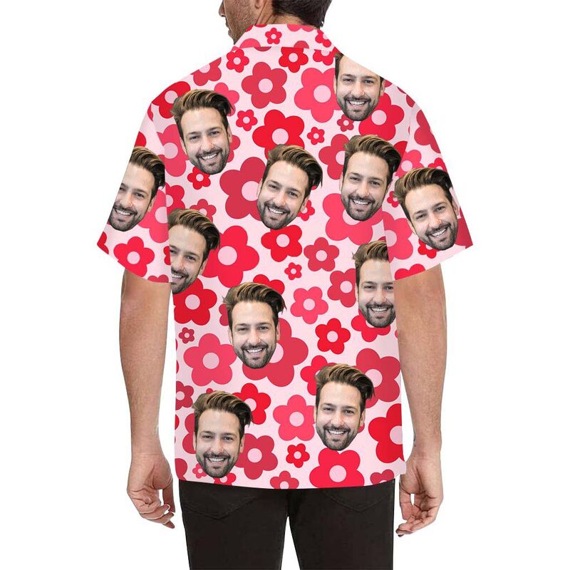 Chemise hawaïenne personnalisée avec visage et fleur rouge pour homme