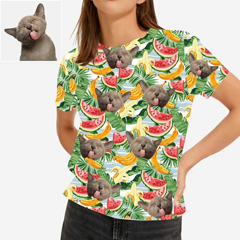 T-shirt hawaïen pour femme avec fruits frais, personnalisé avec le visage de l'animal