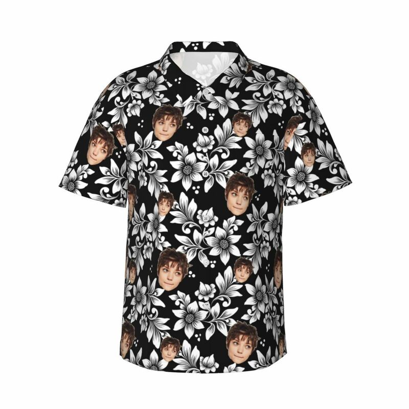 Camisa Hawaiana Personalizada Top Negro Floral Blanco Añadir Foto Cara para Hombre