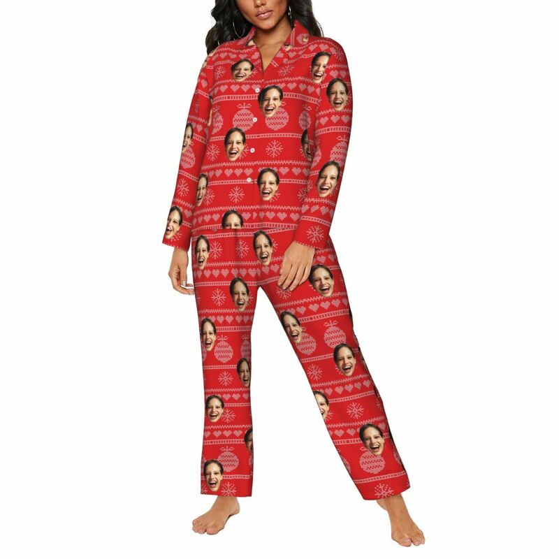 Pyjama personnalisé avec photo personnalisée et icône de cloche de Noël, design de style pixel rouge, cadeau parfait pour elle