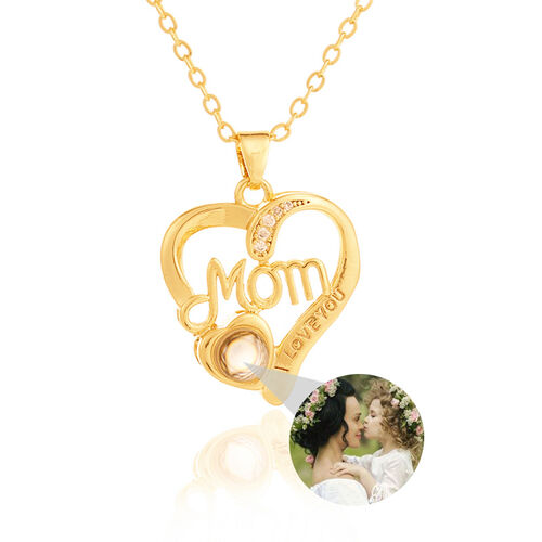 "Love You" Personalized Heart Photo Projection Necklace with Diamonds  for Mom