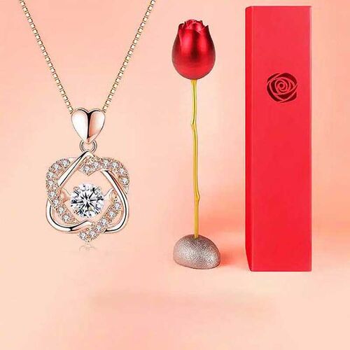 Heart Shape Crystal Diamond Pendant Necklace With Rose Flower Jewelry Box