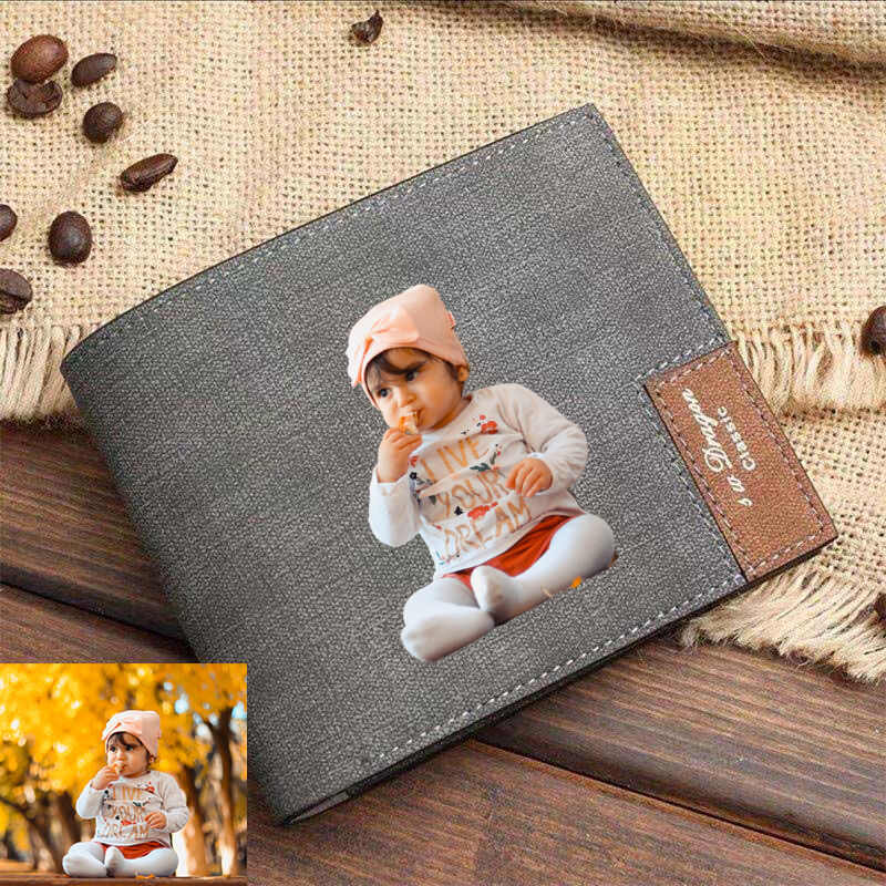Portefeuille pour homme avec impression couleur grise et photo personnalisée - pour le nouveau papa