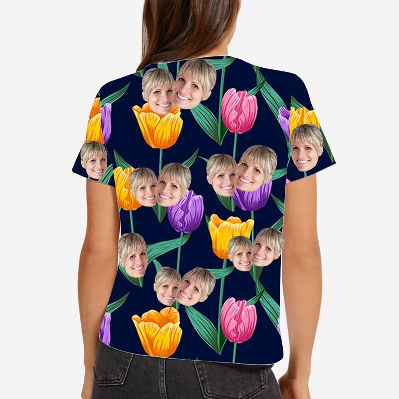 Custom Face Hawaiian T-Shirt With Colorful Tulips