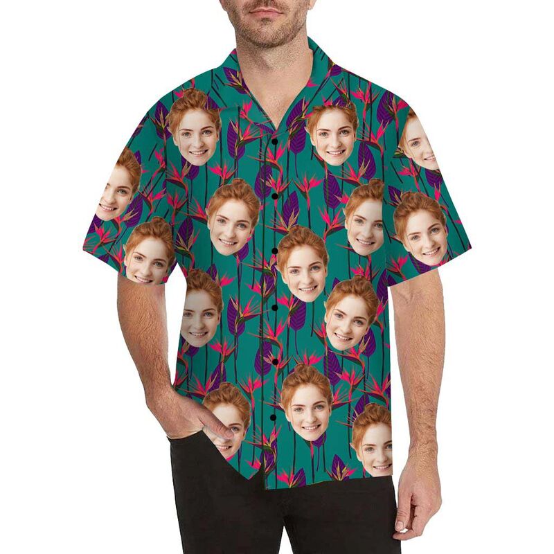 Chemise hawaïenne à impression intégrale pour hommes avec visage personnalisé et fleurs magnifiques