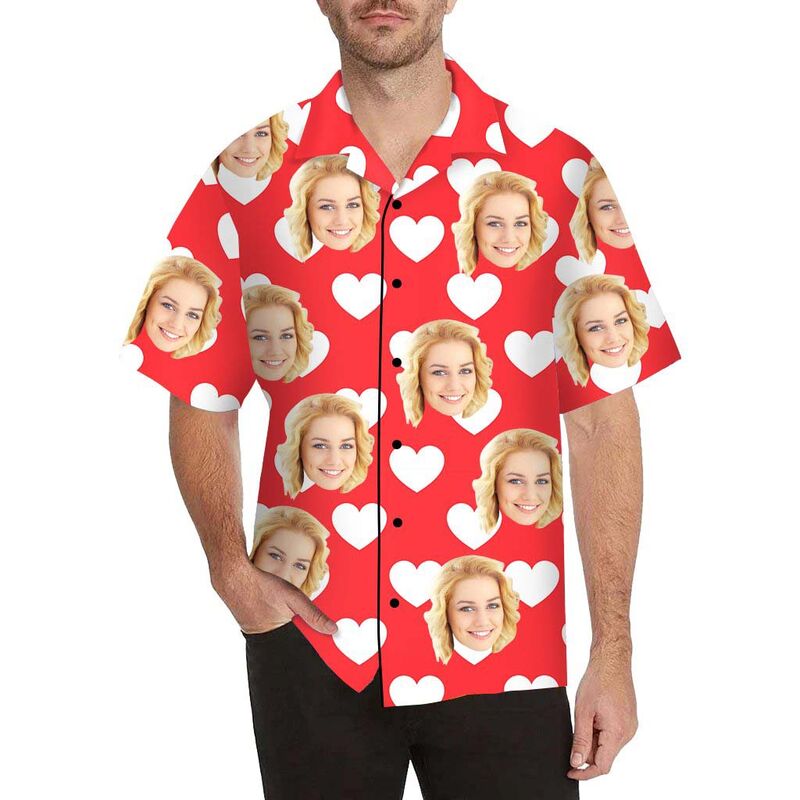 Custom Face White Heart Men's All Over Print Hawaiian Shirt