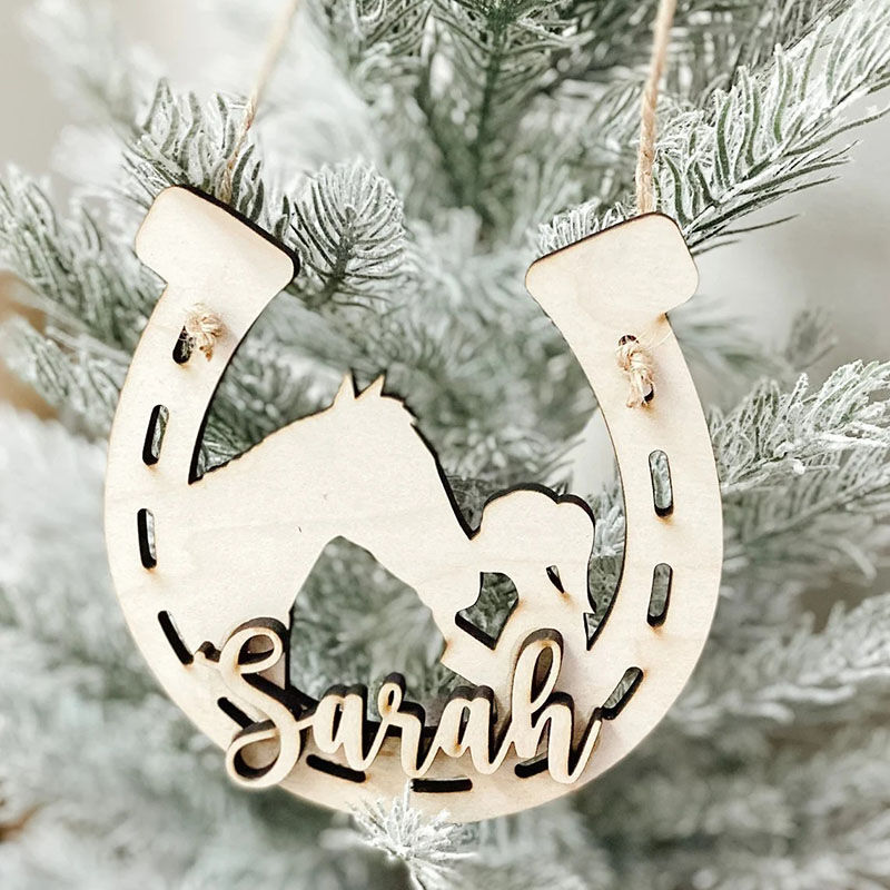 Custom Name Wooden Christmas Decoration With Horse And Little Girl Motif
