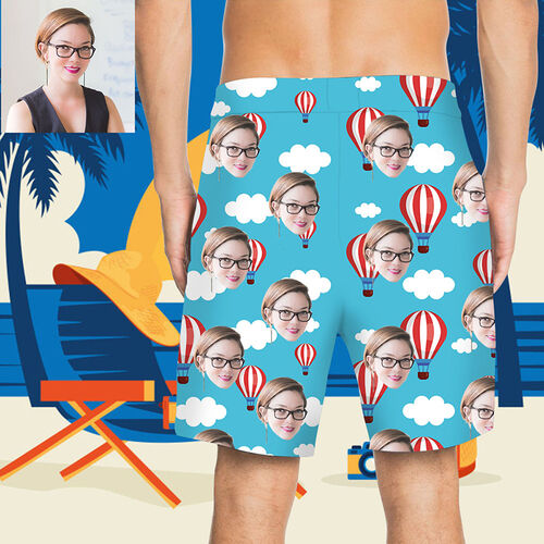 Custom Face Hot Air Balloon Men's Beach Shorts In Blue