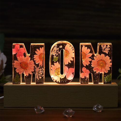 Lámpara de flores secas personalizada con letras - MOM