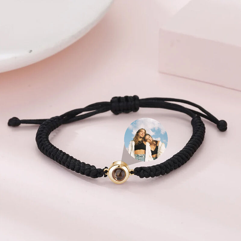 Sterling Silver Personalized Photo Projection Black String Bracelet Thoughtful Gift