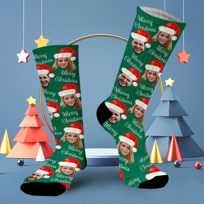 "Merry Christmas" Custom Face Picture Socks Printed with Santa Hat for Couple