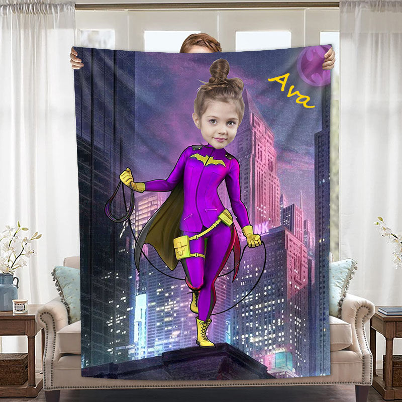 Personalized Custom Photo Blanket Cartoon Character City Background Girls Coral Fleece Blanket Gift