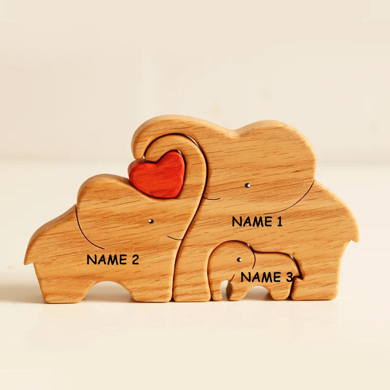 Customized Names Elephant Wooden Family Puzzle Christmas Gift With Heart