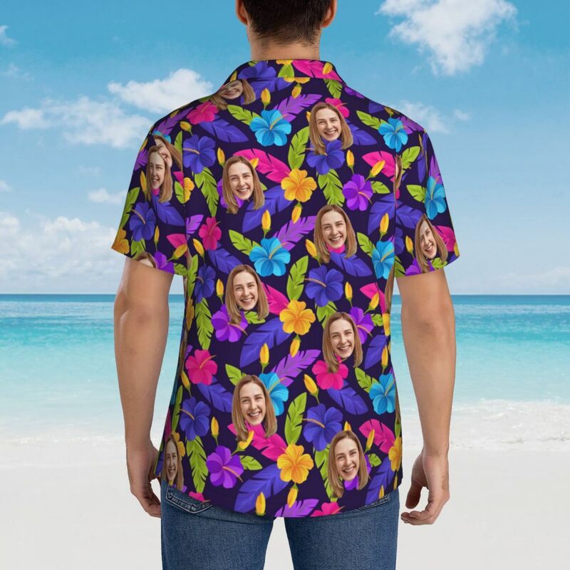 Camicia hawaiana personalizzata con faccia divertente e foglia tropicale per uomo