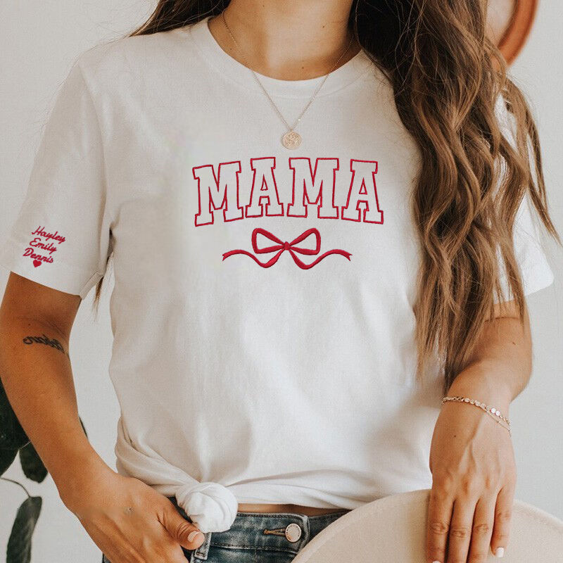 Personalized T-shirt Embroidered Custom Mama Nickname with Bow Design Exquisite Mother's Day Gift