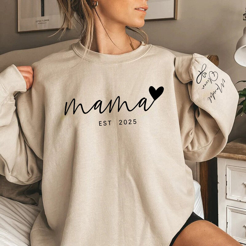 Personalized Sweatshirt Mama Heart Custom Names On The Sleeve Design Perfect Gift for Mother's Day