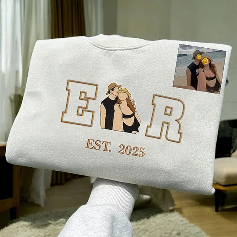 Personalized Sweatshirt Embroidered Custom Couple Photo with Initials Design Perfect Gift for Lovers