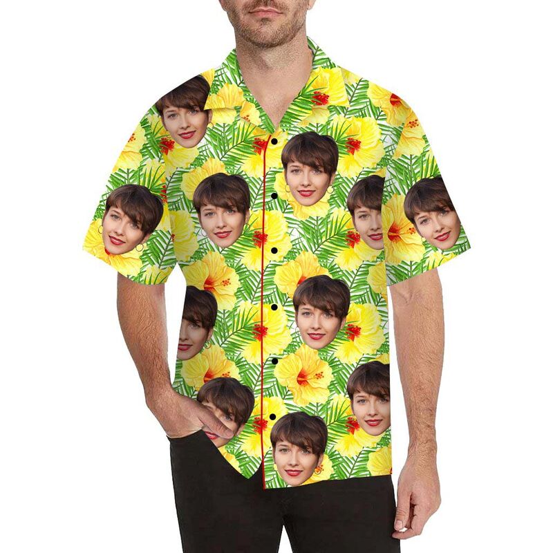 Chemise hawaïenne pour hommes à impression intégrale, avec visage personnalisé, jaune hibiscus