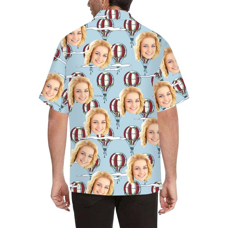 Chemise hawaïenne à impression intégrale Montgolfière personnalisée avec un visage qui s'élève pour hommes
